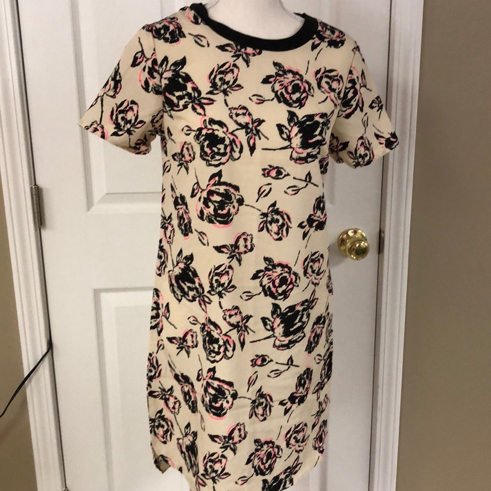 Truth:slinky dress, above knee. Cream w/black pink